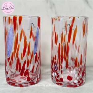 2 Murano Red White Orange Confetti Drinking Glasses Italy